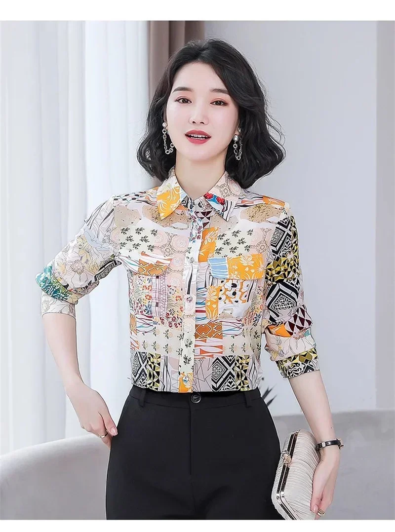 Рубашка Женская Casual Women Summer Shirt Long Sleeve Lapel Blouse Fashion Print Office Lady Chiffon Plus Size Camisas Y Blusas