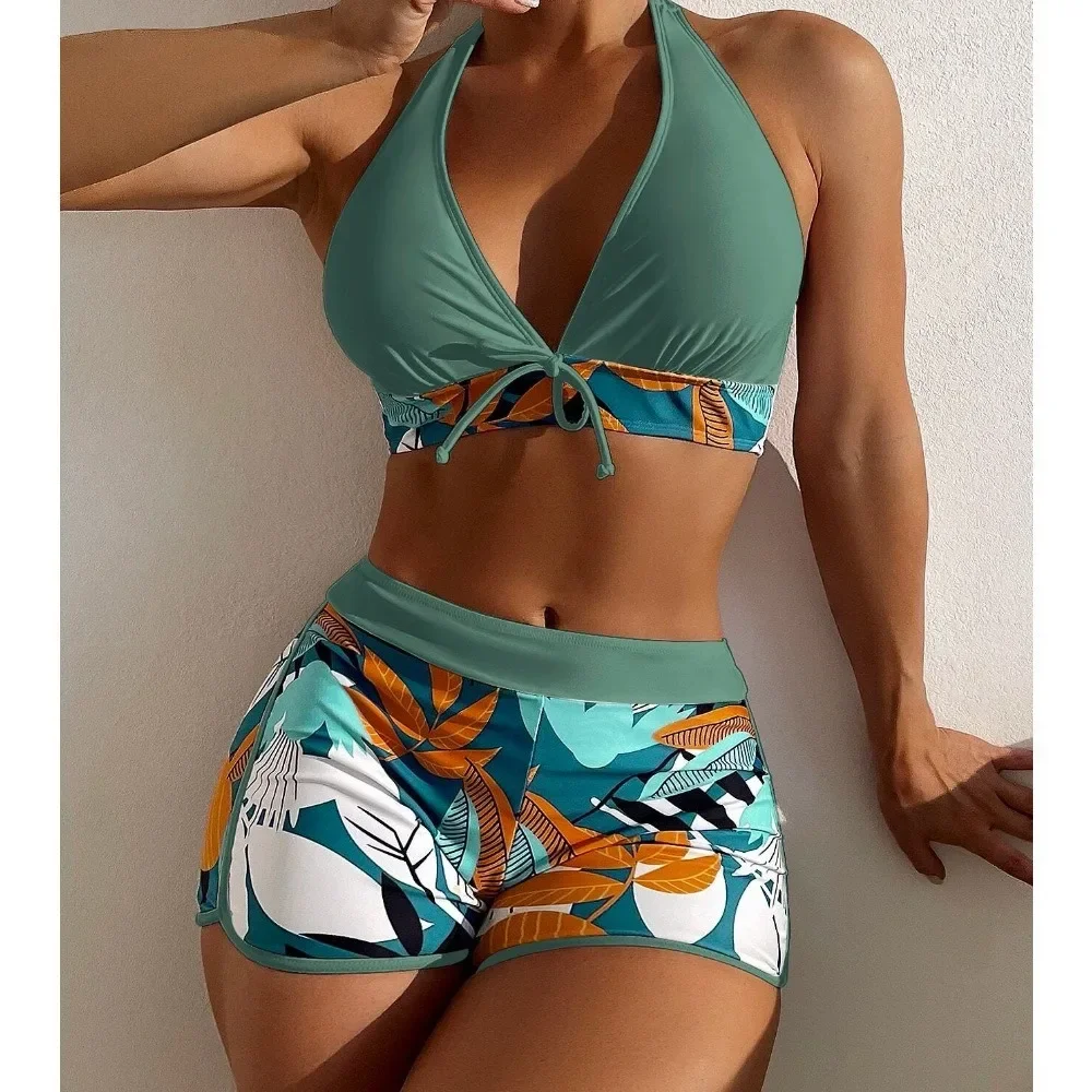 2024 Europe and The United States Swimsuit Women\'s Split High Waist Flat Angle Lace-up Print Solid Color Patchwork Swimsuit