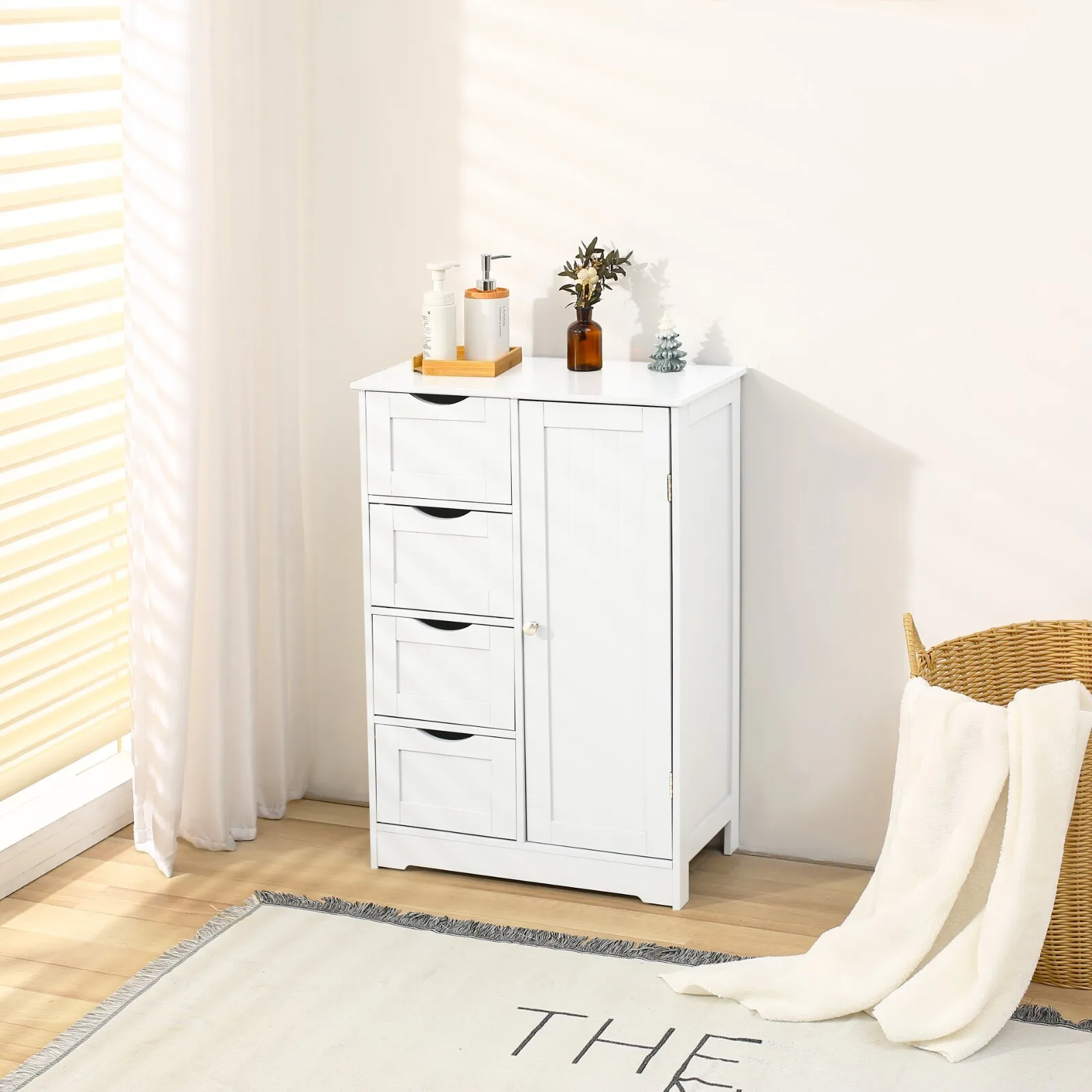 

Bathroom Storage Cabinet Freestanding Floor Cabinet with 4 Drawers and 1 Door