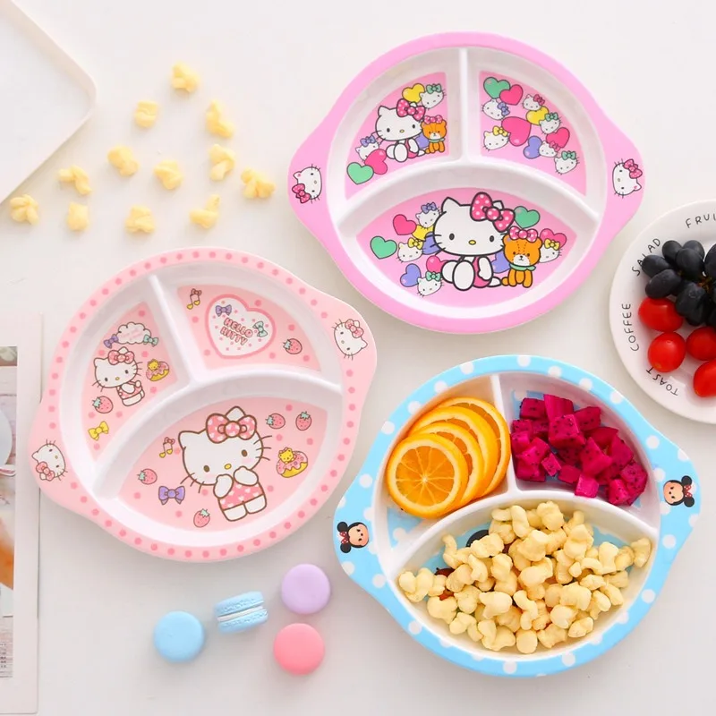 

Sanrio Hello Kitty Dinner Plate Compartment Kuromi Children's Tableware Anime Breakfast Plate Creative Heart Western Food Plate