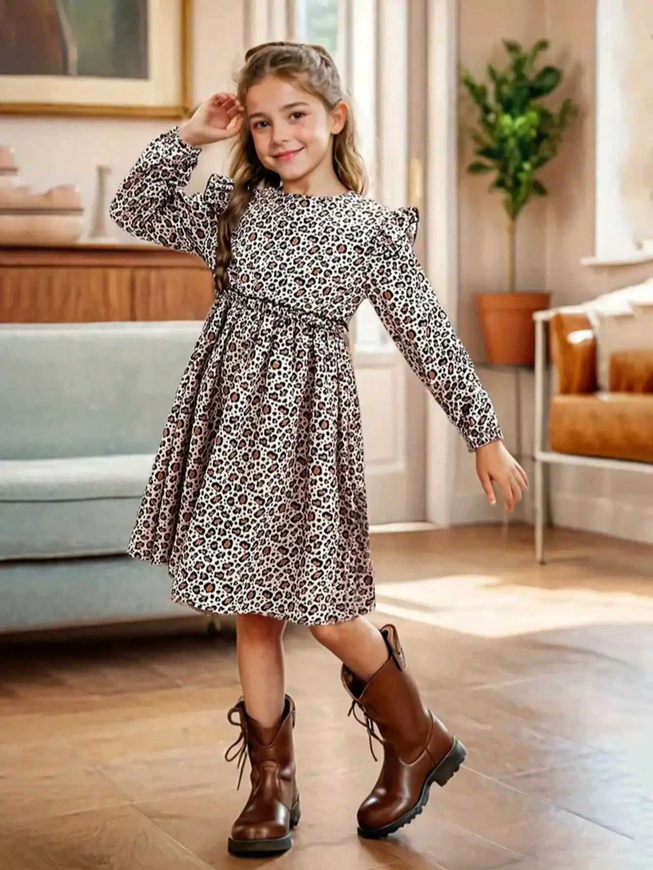 Elegantes, vielseitiges Kleid mit Leopardenmuster und langen Ärmeln für Mädchen, aus schmalem Strickstoff mit ausgestellten Rüschenkanten-Details. – Detail 8