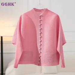 GGHK Miyake Pleated Women Tops 2024 Autumn New Pink Long Sleeve Fashion Elegant T Shirt Japanese Retro Style Design Female