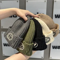 New Korean style personalized hole knitted hat autumn and winter pullover hat warm and stylish letter logo versatile woolen hat