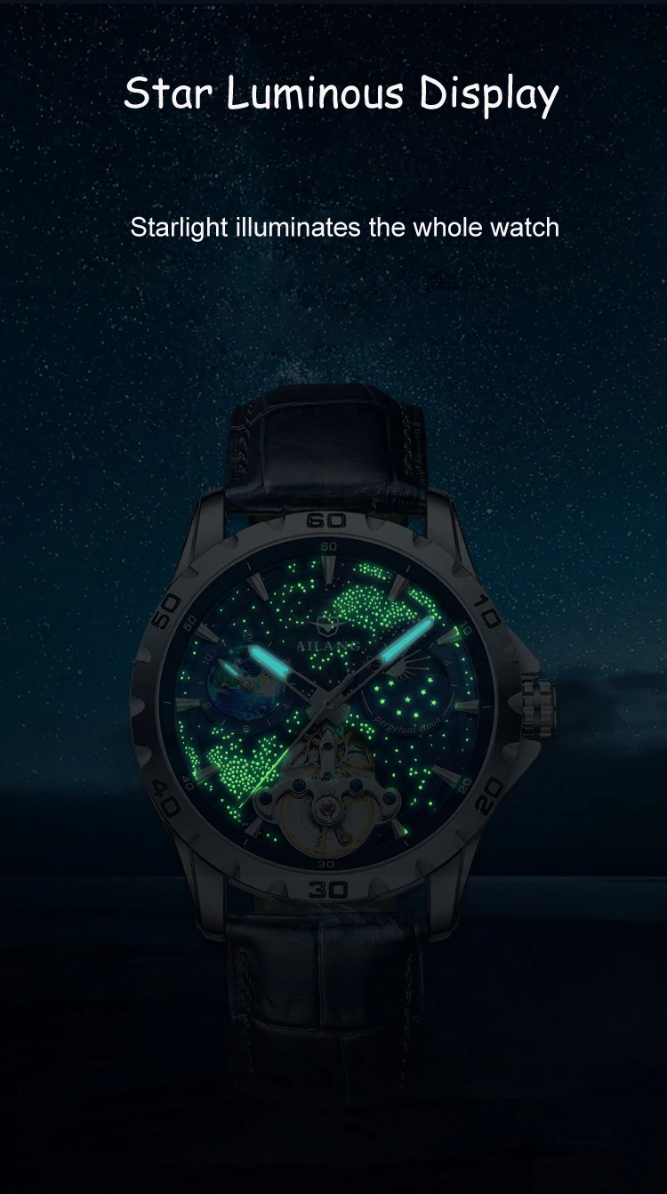 AILANG Brand Fashion Blue Starry Sky Mechanica Watch for Luxury Sapphire Leather Waterproof Luminous Mens