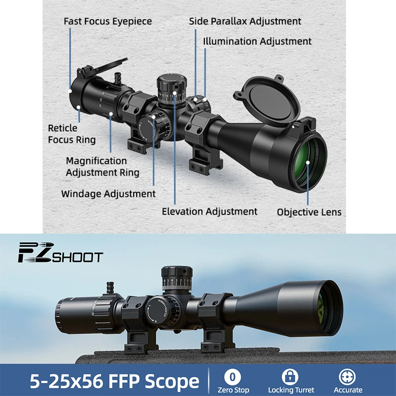 

CVLIFE 5-25X56 Rifle Scope 34mm Tube FFP Riflescope 2MOA Reticle Optics Sights for 20mm Picatinny Rail First Focal Plane Aluminu