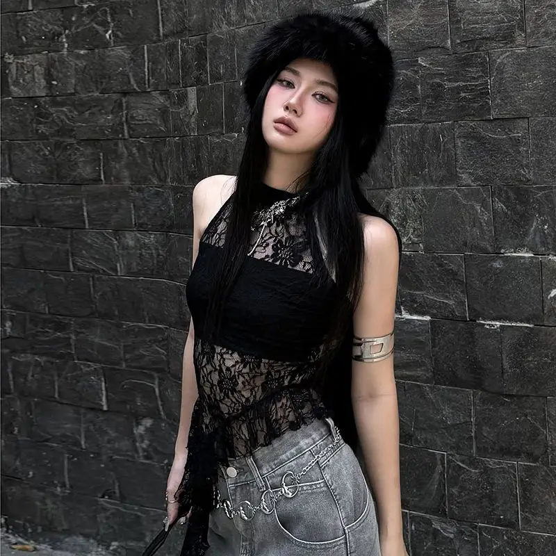 Canottiera sexy con lacci in pizzo con scollo all'americana da donna Dark Street Spicy Girl Slim Fit irregolare Crop Top Canotte Y2k senza maniche trasparenti retrò