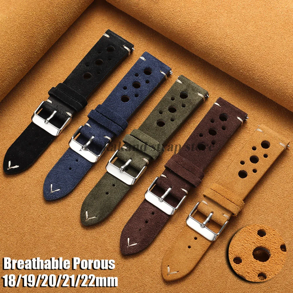 Vintage Suede Leather Watch Strap Quick Release Calfskin Watchband 18/19/20/21/22mm Breathable Porous Wrist Band with Pin Buckle