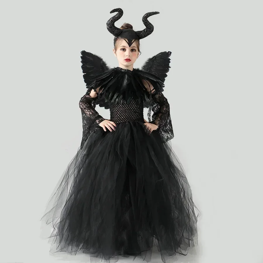 Dunkles Gothic-Cosplay-Kleid für Mädchen, Kinder-Halloween-Kostüm mit Hörnern und Flügeln, Accessoires für Party, Bühnenauftritt, Verkleidung – Detail 5