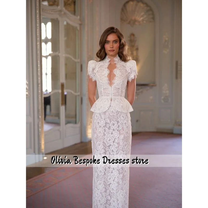 Customized High Neck  Puff Sleeve Prom Dress Straight floor-length scalloped lace hem vestidos de noche Evening Dresses