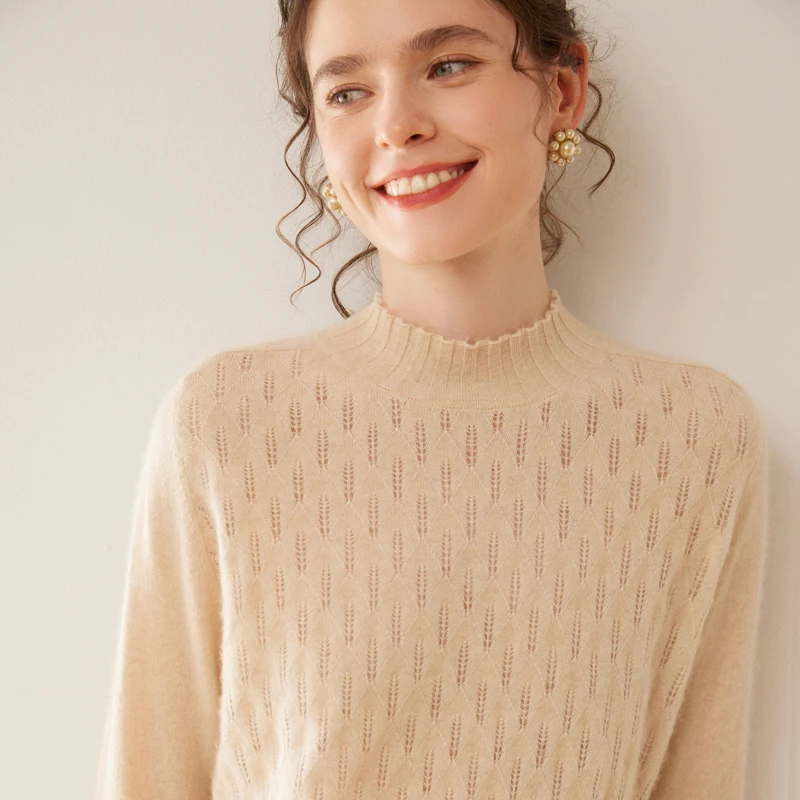 الخريف/الشتاء المرأة 100% الكشمير البلوز عادية الصلبة الجوف متماسكة سترة فضفاضة نصف عالية الرقبة الجاكار القمم الدافئة البلوز