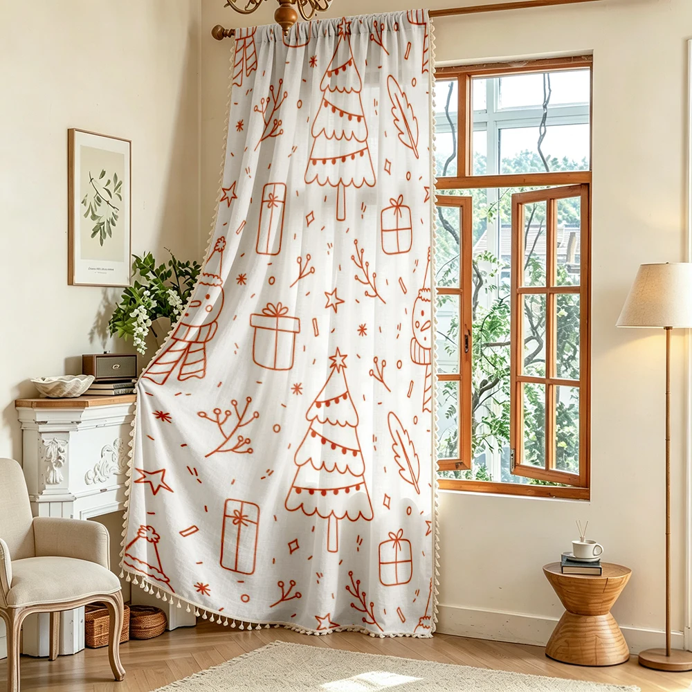 1PC Christmas Winter Tassel Sheer Curtains, Red Line Xmas Tree, Digital Print, Linen Polyester, Bedroom Living Room, Home Decor