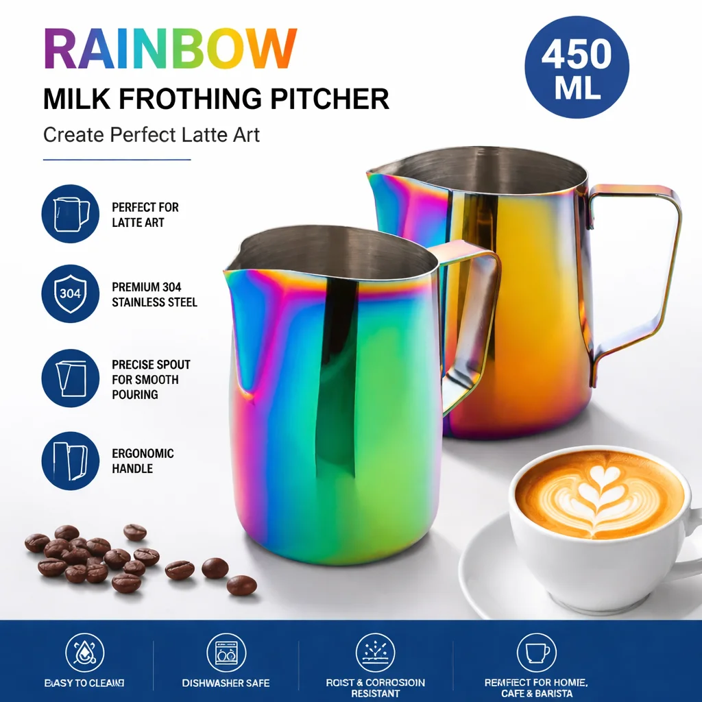 Stainless Steel Milk Frothing Pitcher Rainbow Espresso Latte Art Milk Jug Coffee Barista Cup
