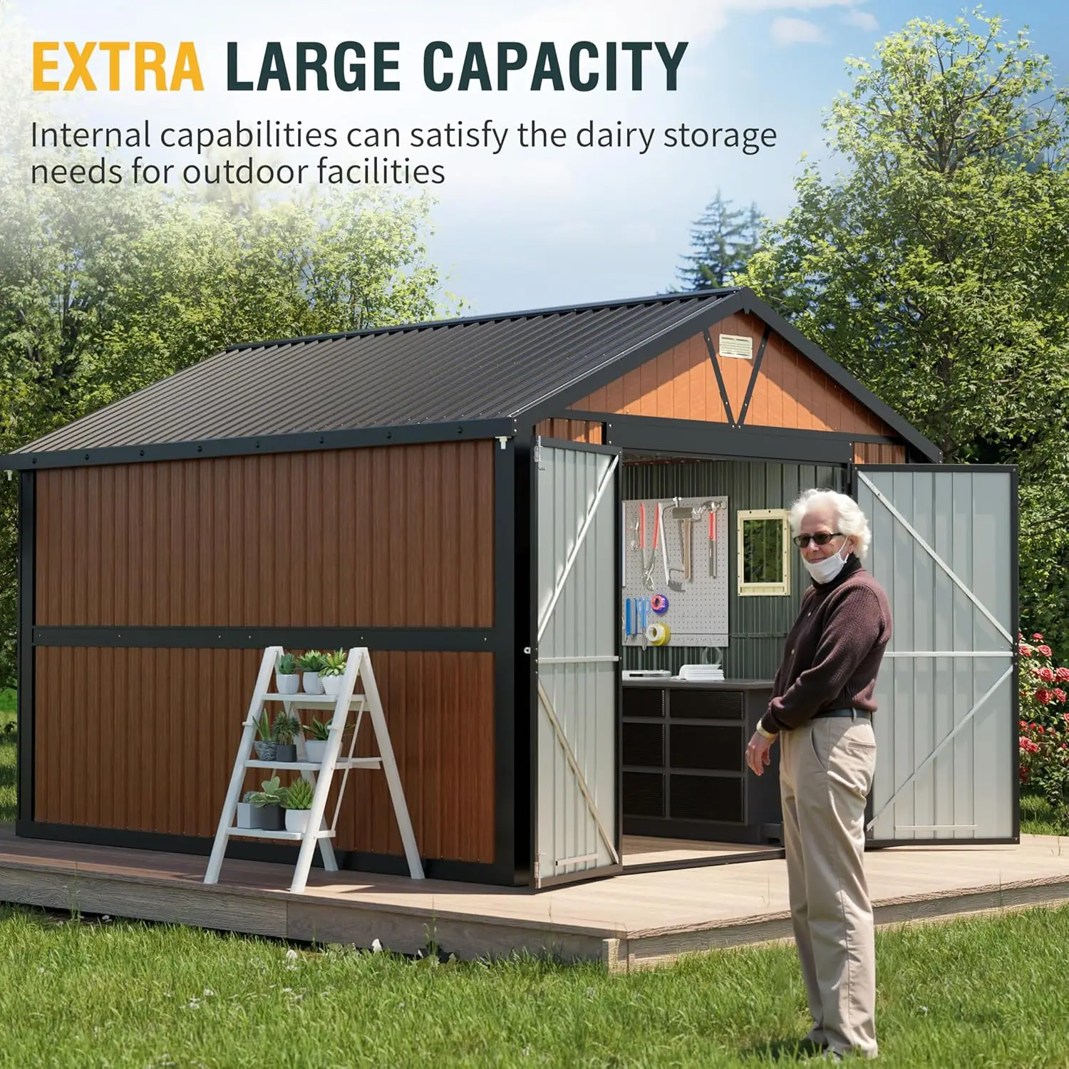 10x12 Ft Outdoor Storage Shed, Large Metal Shed with Floor, Lockable Doors Outside Steel House Ideal for Garden Tool Storage