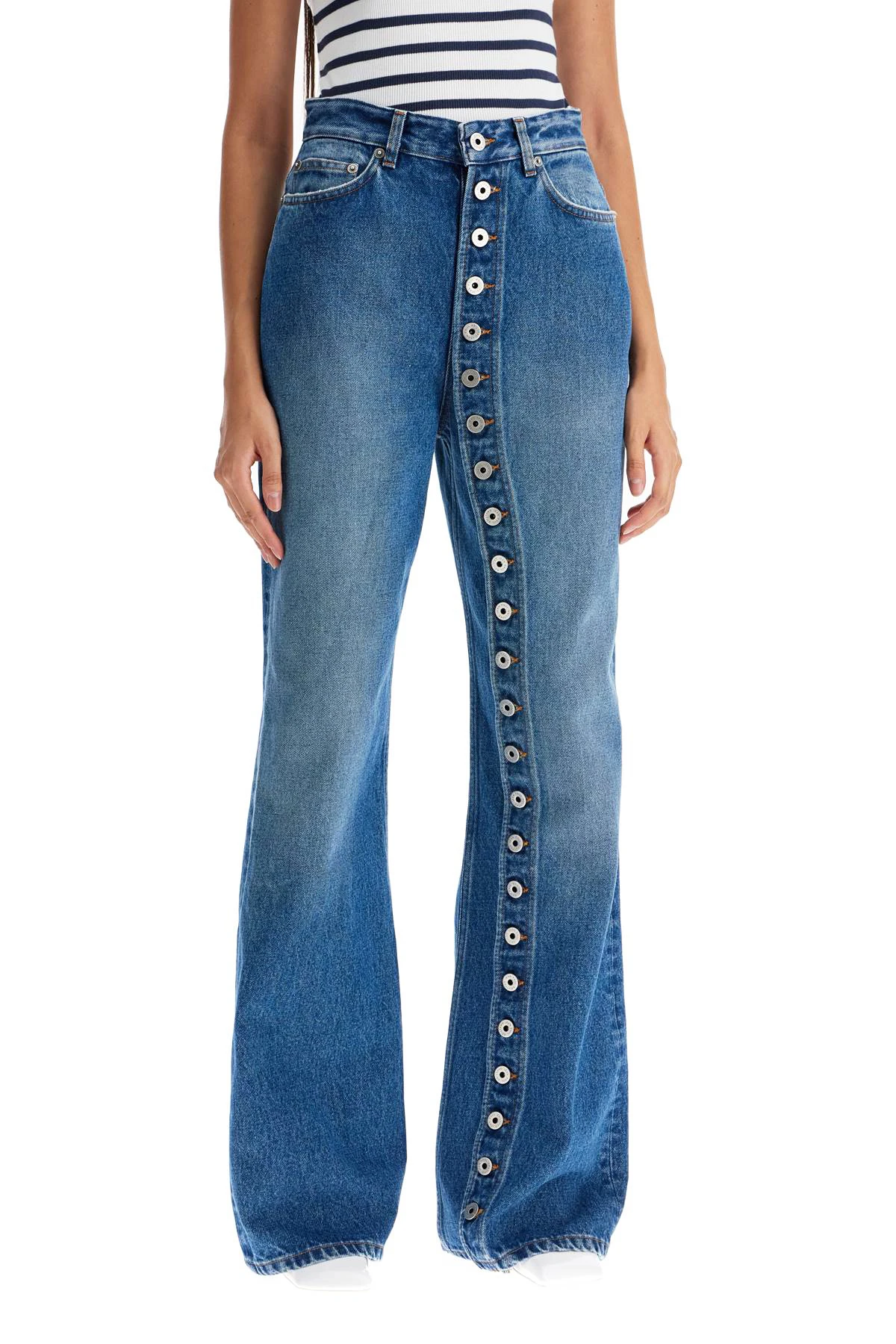 

2025 new high waisted single row button elastic floor button straight leg jeans fashionable casual women's pants trousers