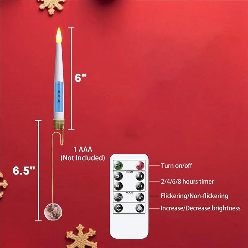 DT39 24pcs Flickering LED Short Taper Candles with Remote Timer 0.5x6In Crystal Ball Hooks Christmas Tree Decor
