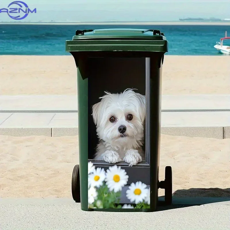 2D 1PC1pc Luxury Peel-and-Stick Trash Can Stickers - White Fluffy Dog on Window Sill with Daisies Design, High-Gloss Paper Dec