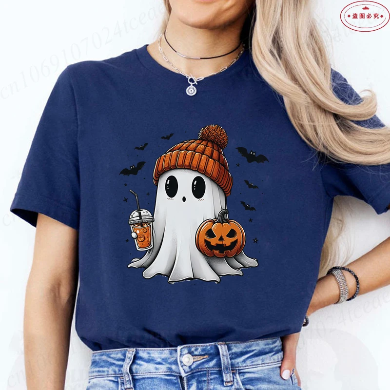 Little Boo Drinking Coffee Women T-Shirts Fashion Halloween Party Spooky Season Shirt Harajuku Graphic Tops Casual Streetwear