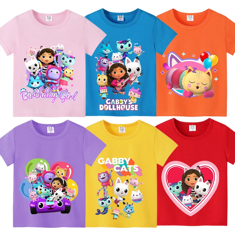 New Gabby Dollhouse Kids T-shirt Summer Children Cotton Short Sleeve Top Anime Fashion Kawaii Baby Tee Girls Casual Clothes Gift