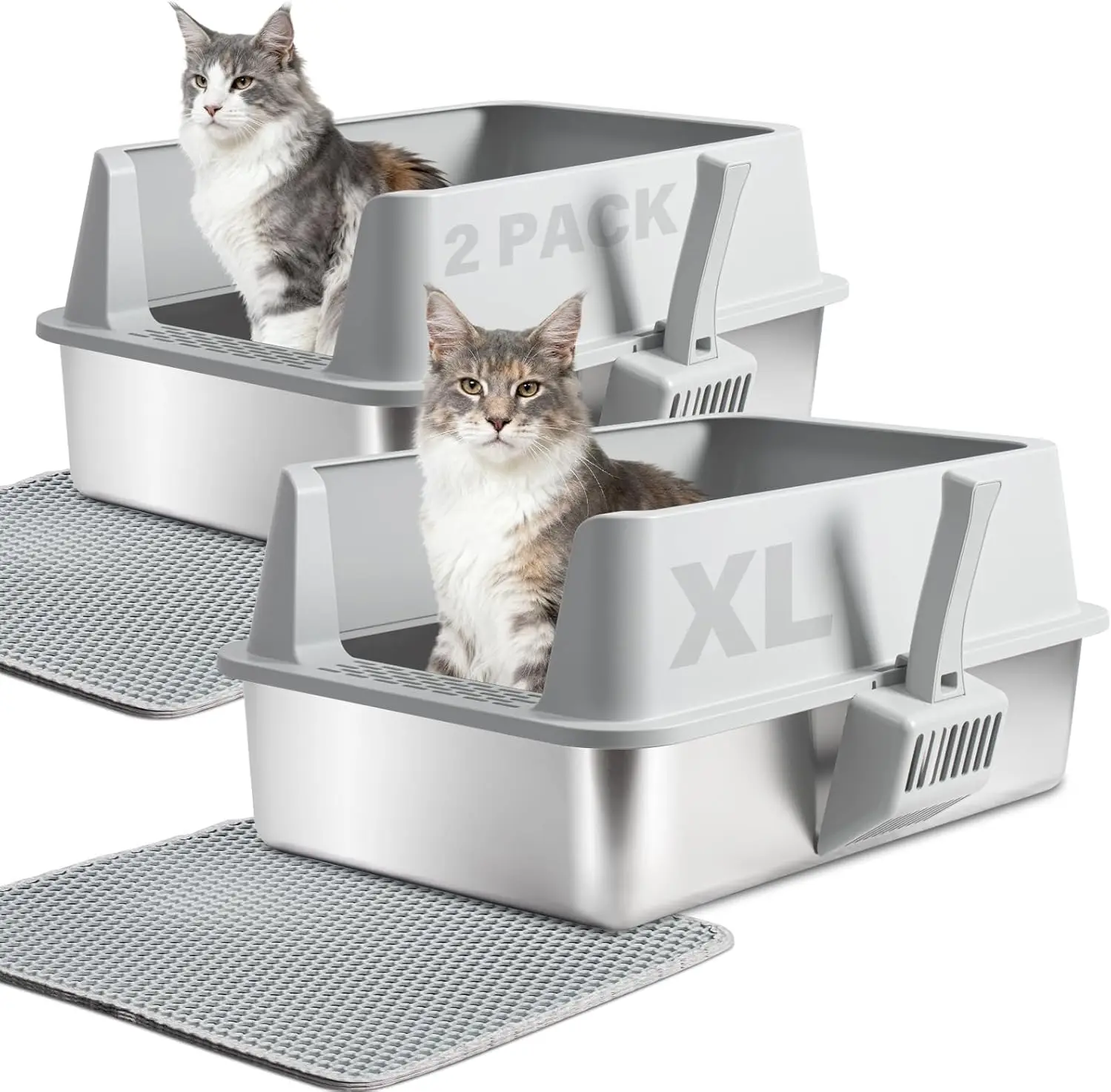 

Набор из 2-х кошачьих лотков из нержавеющей стали с крышкой, XL, металлические, с высокими бортиками для крупных кошек, легко моются, без запаха, в комплекте совок и коврик