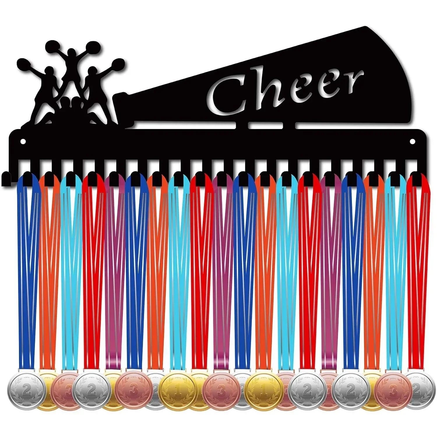 1pc 15.7x5.4 Inch Black Cheerleader Medal Hanger, Metal Wall Mount with 20 Hooks, Holds Over 60 Medals for Sports & Gymnastics
