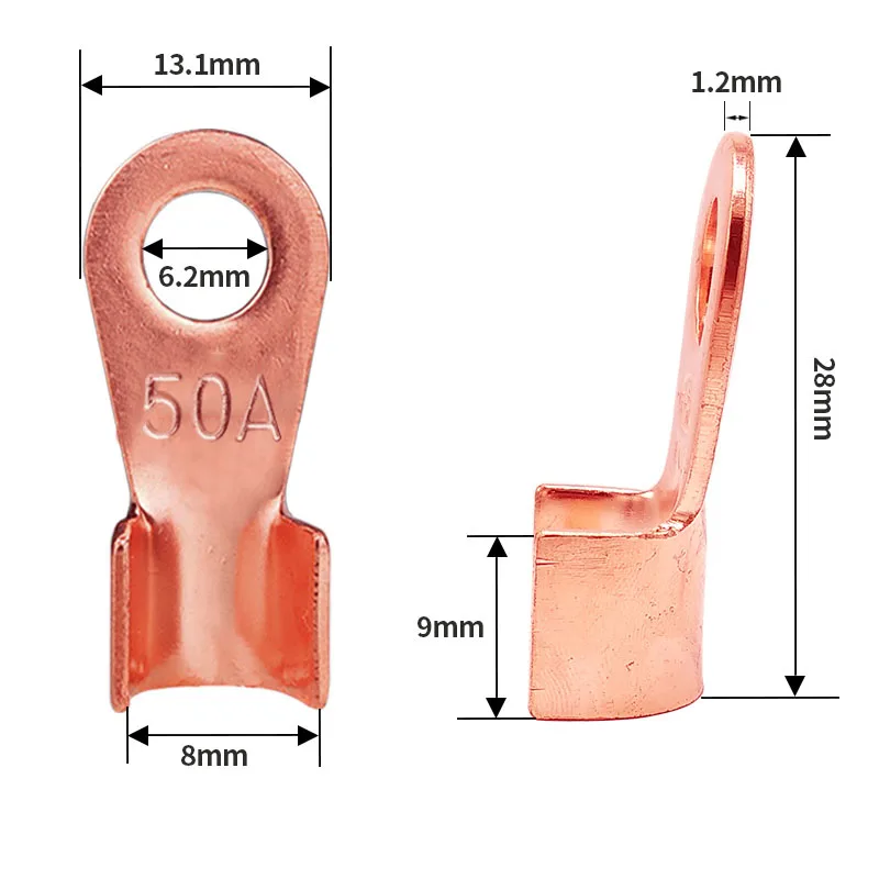 100PCS OT-50A 6.2mm Dia Red Copper Circular Splice Ring Terminal Wire Naked Battery Cable Connector Lugs Terminals
