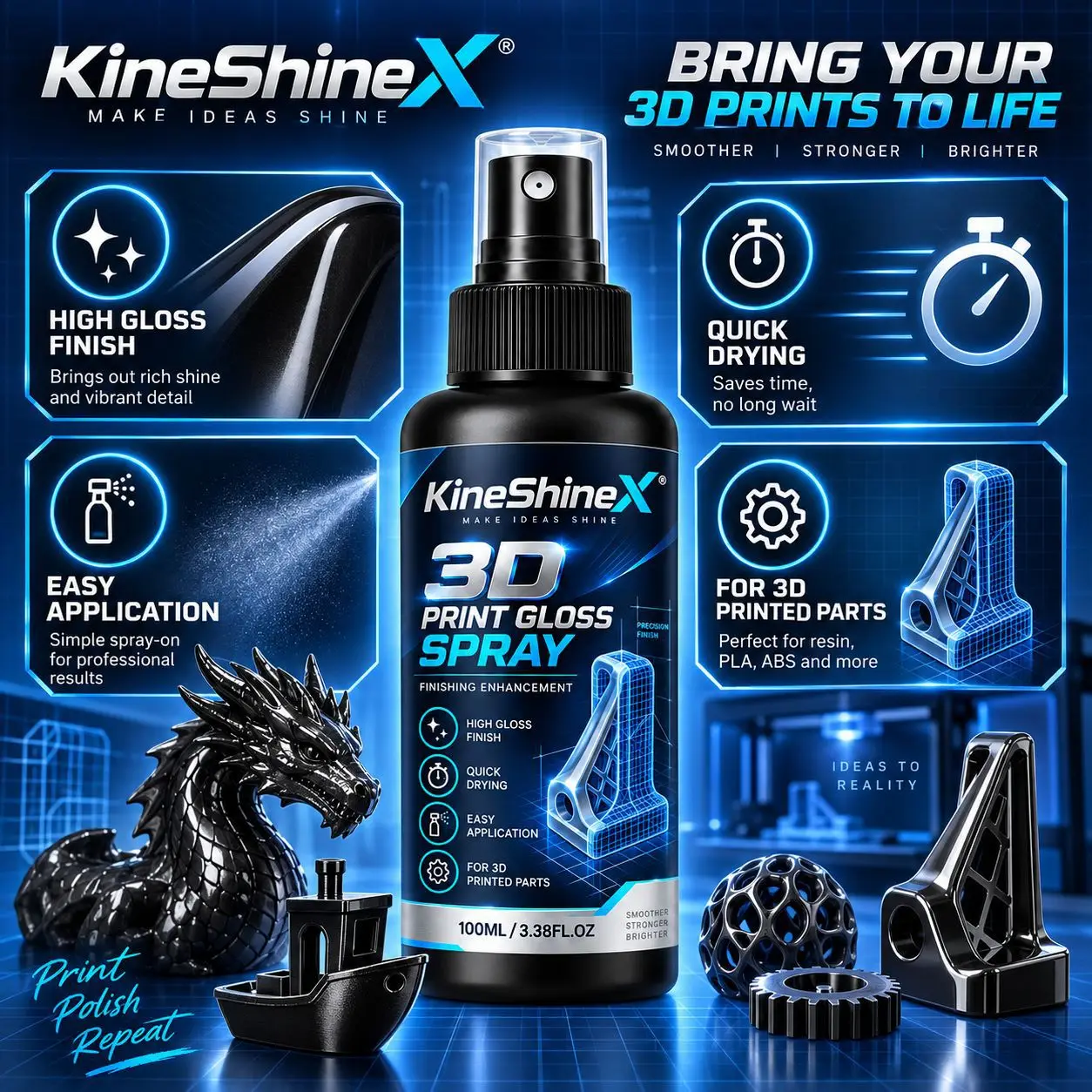 100ML 3D-Druck Glanzspray Polierpaste für PLA ABS PETG Harz, 60ml Schnelltrocknendes Hochglanz-Finish mit Mikrofasertuch – Detail 3