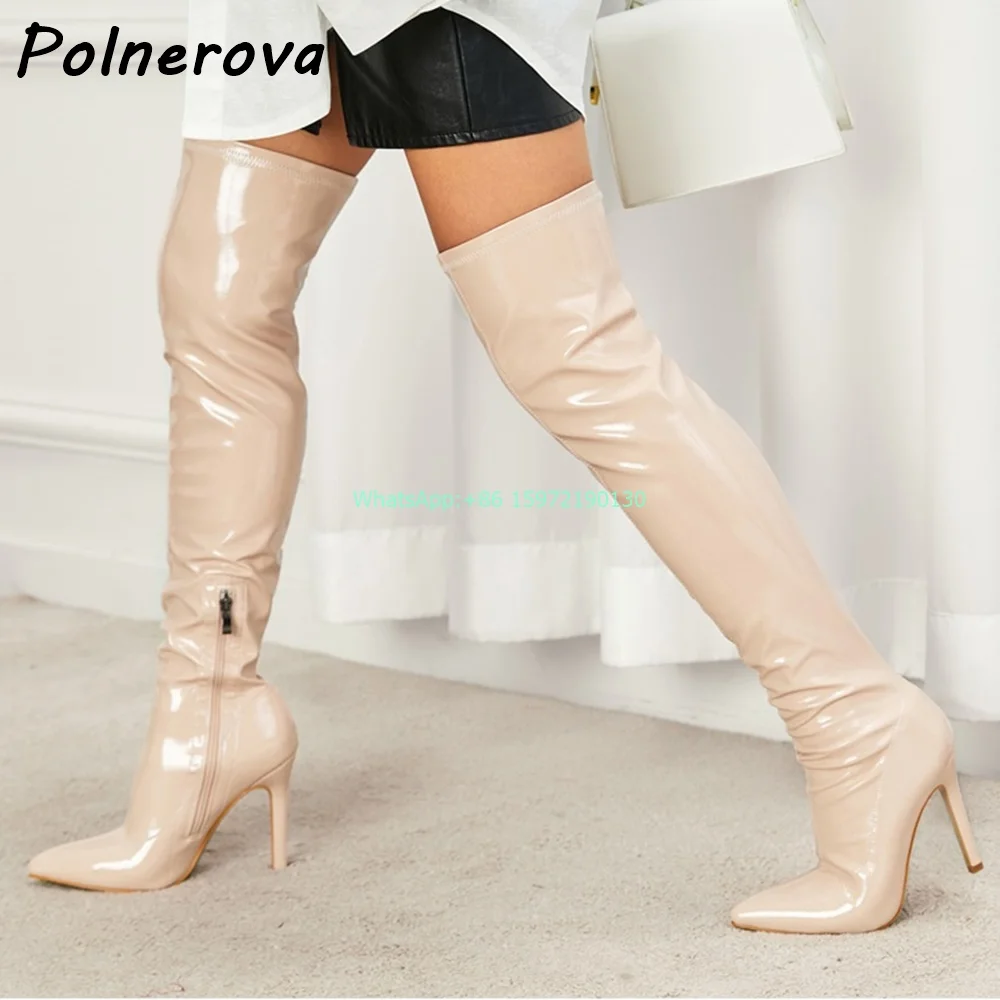 

Solid Patent Leather Boots Ladies Thin Heel Pointy Toe Zipper Sexy Fashion Shoes Ladies Solid Rock Style Over The Knee Boots