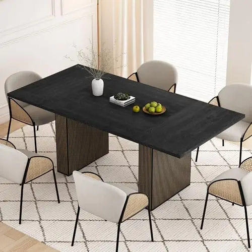 78 Inch Rectangular Dining Table for 6 to 10, Farmhouse Fluted Dining Kitchen Table, Modern Wood Long Dining Table for