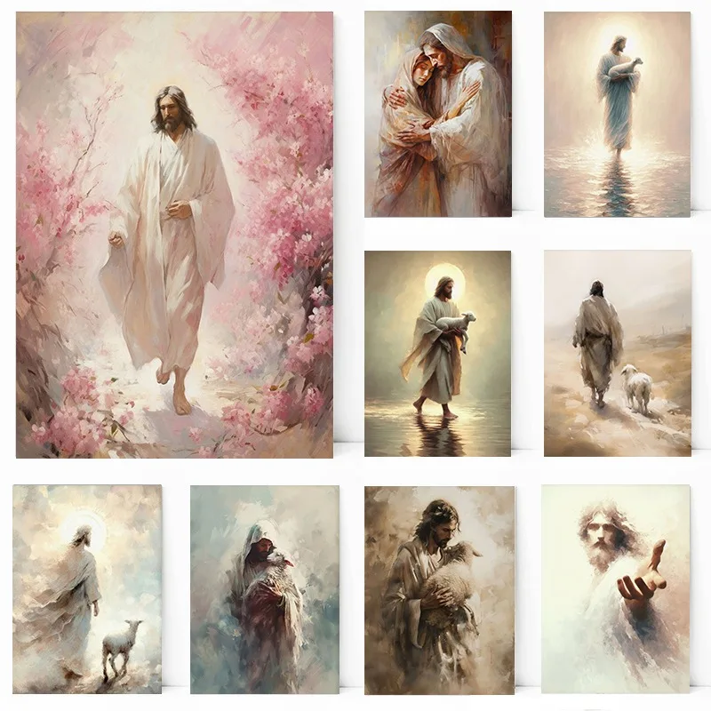 Jesus Lion Walk Water Flower Christianity Poster Printing Decor Canvas Painting Living Room Bedroom Religion Wall Art Home Decor