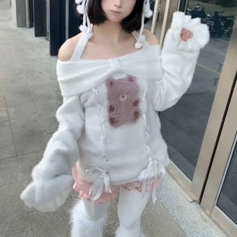 Kimotimo Women Off Shoulder Fuzzy Knit Sweater Cute Bear Print Bandage Long Sleeve Pullovers Autumn Winter Sweet Soft Y2k Jumper