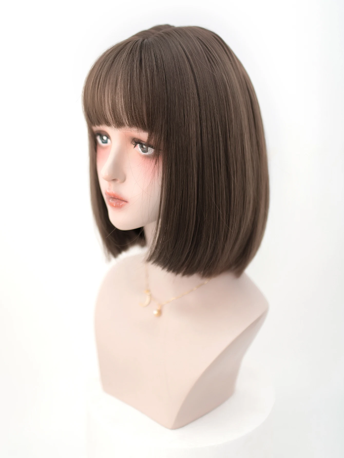 12Inch Cool Brown Synthetic Wigs With Bang Short Natural Straight Hair Wig For Women Daily Use Cosplay Heat Resistant Lolita