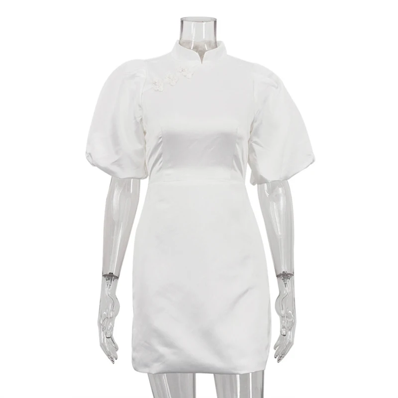 Tornova Retro Mini-jurk met pofmouwen voor dames Opstaande kraag Elegante satijnen jurk Hoge taille Witte bodycon Feestkleding voor woon-werkverkeer