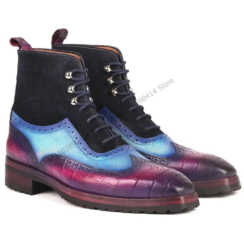 

Mixed Gradient Color Crocodile Print Strappy Men Boots Fashion Lace Up Men Shoes Luxury Handmade Party Banquet Men Dress Shoes