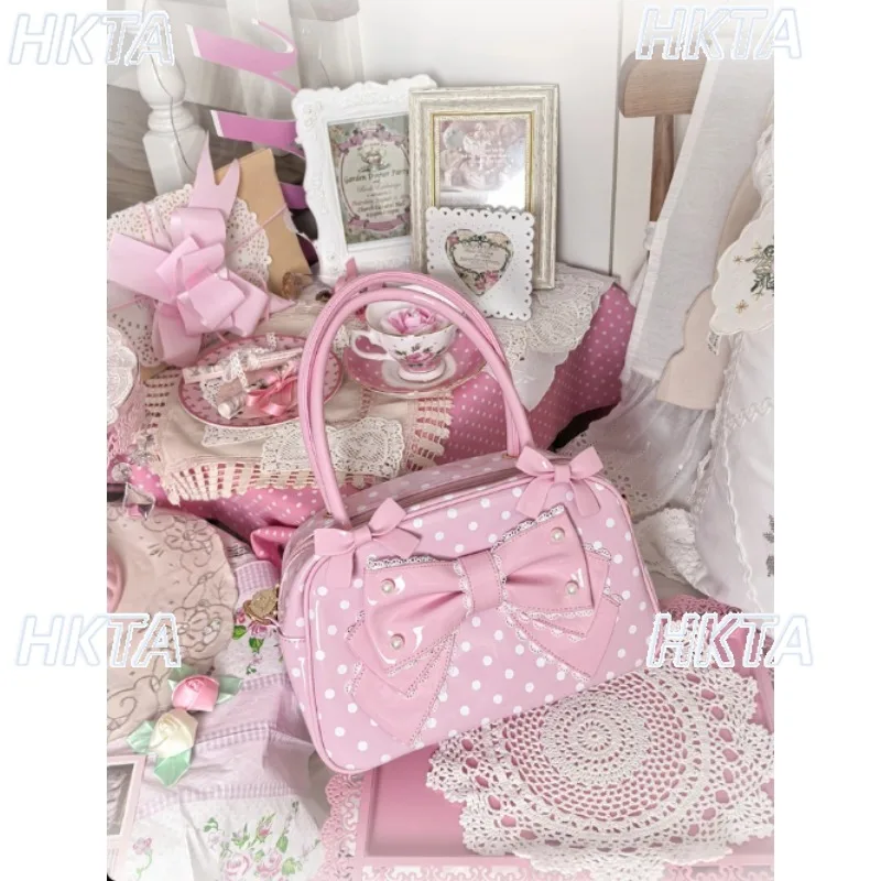 Original Japanese Lolita Pearl Polka Dot Bag Sweet Bow Sweet Cute Handbag Shoulder Bag College Style Girls Kawaii Anime Backpack
