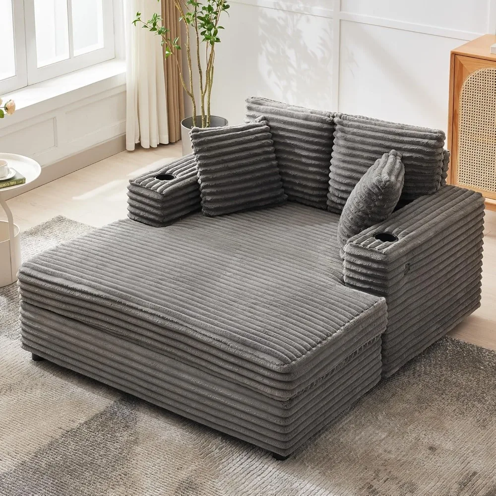 Living Room Sofa, Comfy Corduroy Lounge Sofa with Charging Station, Cup Holders & Throw Pillows, Cozy Sleeper Couch