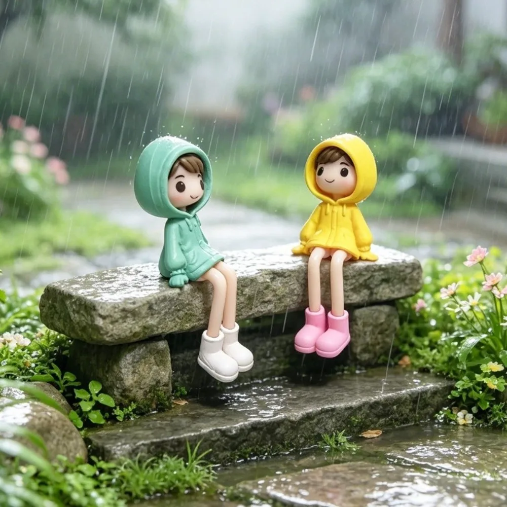 4Pcs PVC Raincoat Figurine Set Long Legged Hand Painted Sitting Girl Mini Figurine Anti-Drop DIY Craft Raincoat Girl Desk Decor