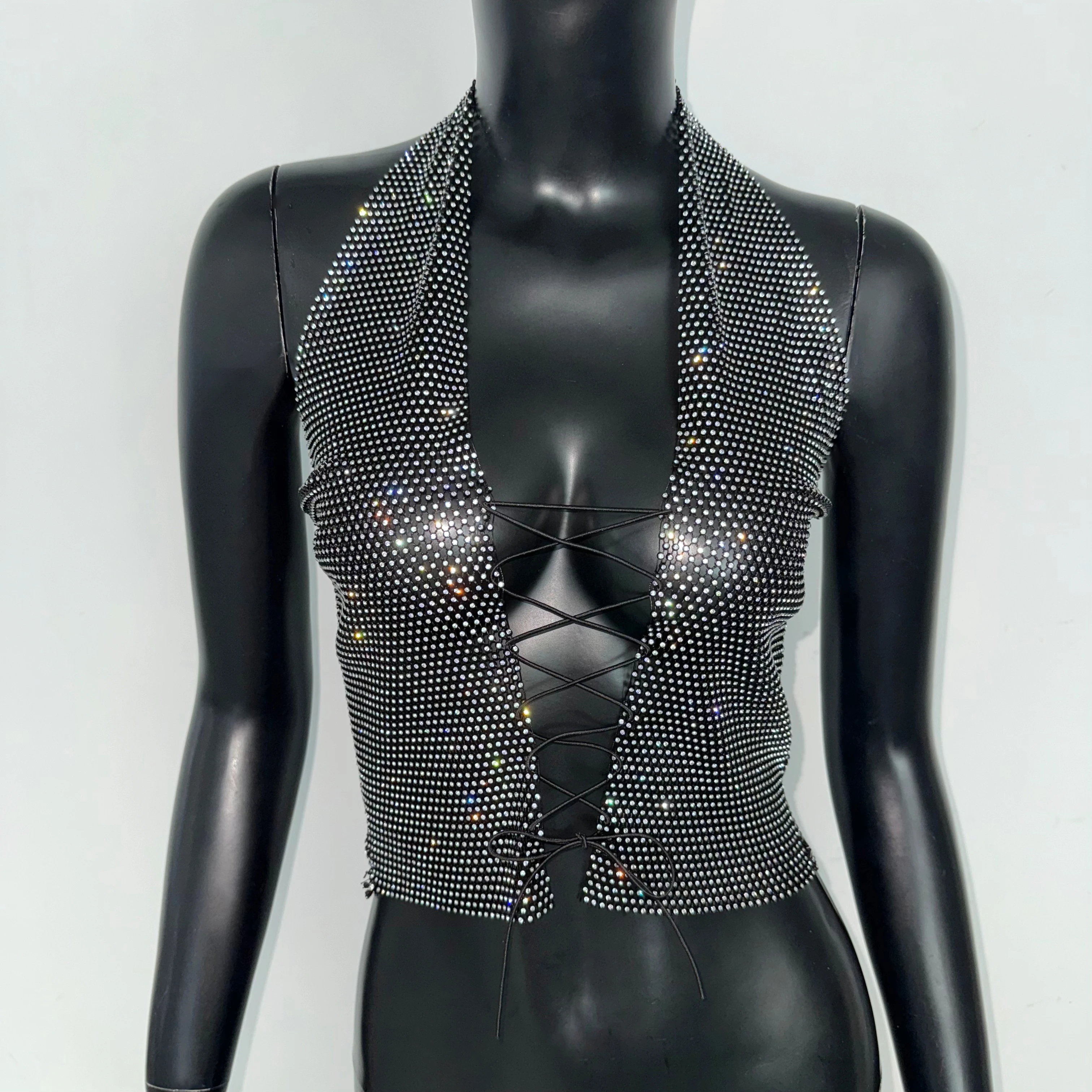 See Through Mesh Tank Top  Shiny Rhinestone Hollow Out Bandage Camisole Sexy V Neck Backless Nightclub Crop Top Women Party Top