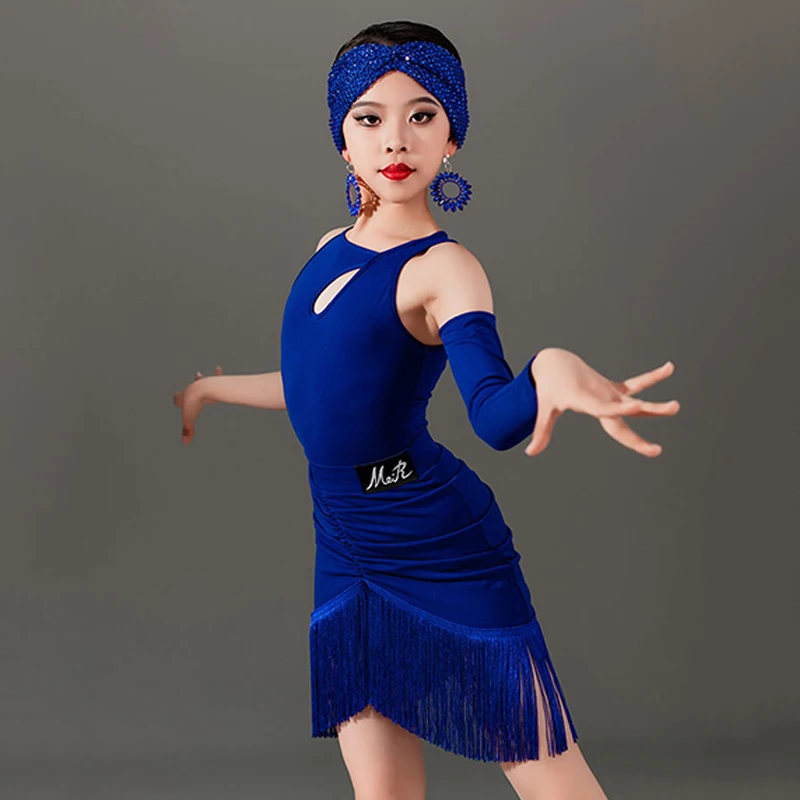 Kids Latin Dance Dress Royal Blue Fringe Dress Girls Competition Clothing Cha Cha Rumba Samba Dance Practice Clothes DNV20627