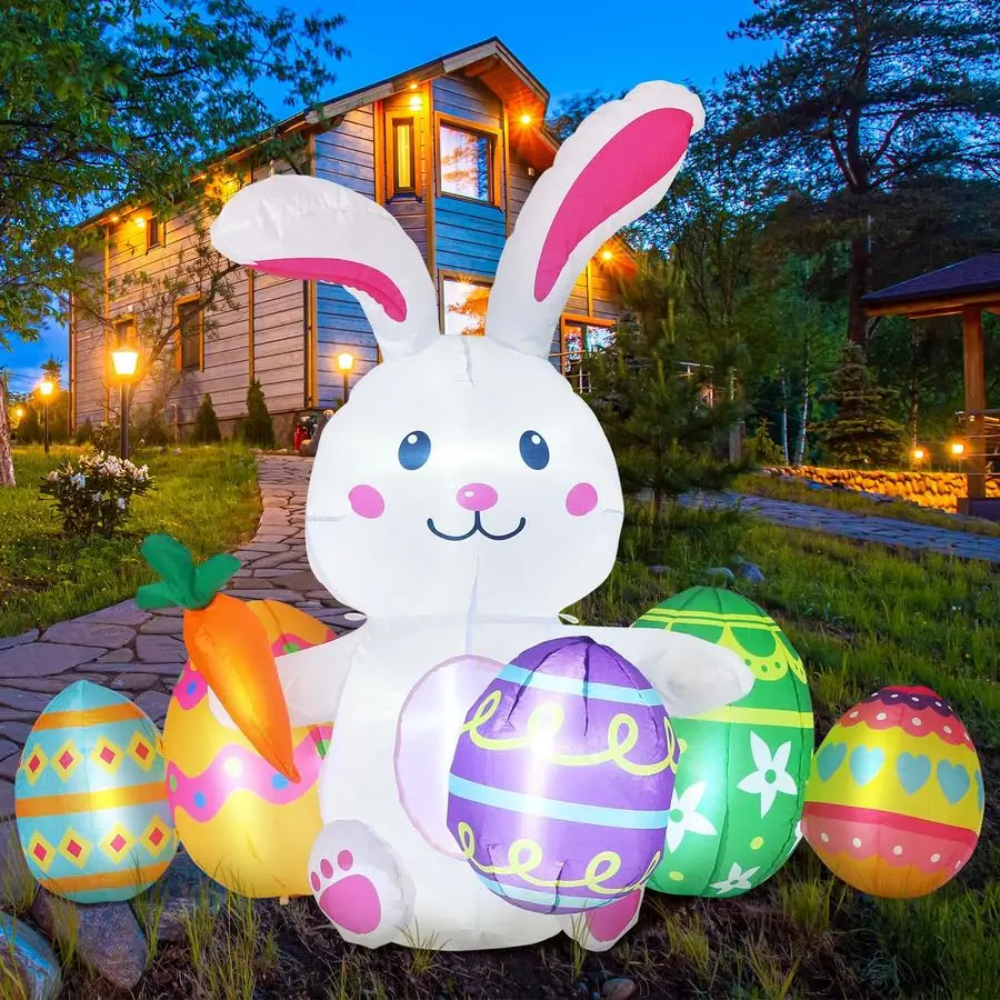 

Easter Inflatables Outdoor Decorations Giant Blow up Bunny and Inflatable Colorful Eggs Set Blow up Bunny with Built in LED Ligh