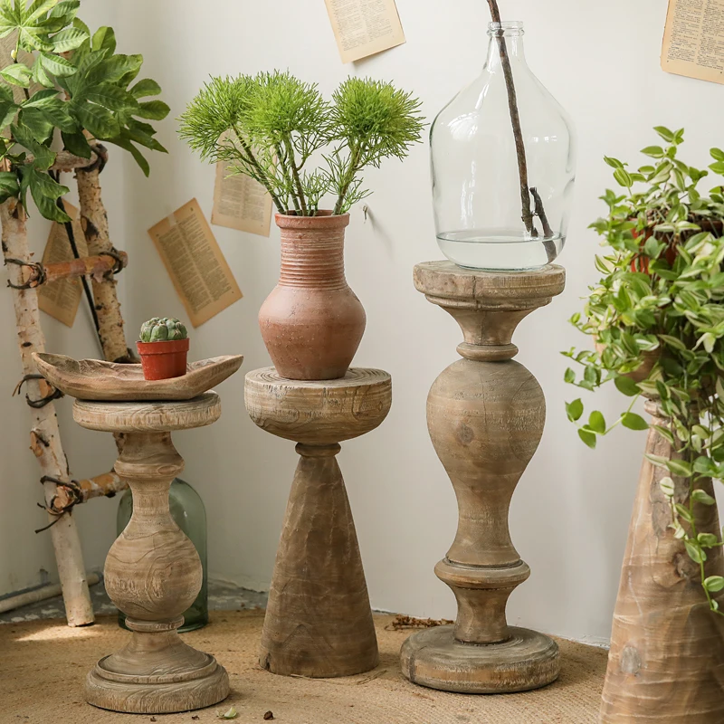 Wabi-Sabi Solid Wood Plant Stand for Living Room/Balcony Column Floor Shelf  Minimalist Vacation Home Decorative Storage Rack