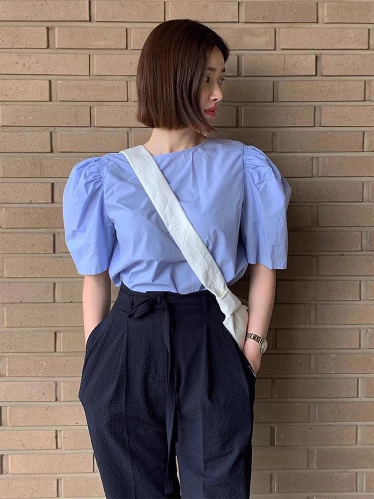 

Blue Bubble Sleeve Short Sleeve Shirt High Waist Nine Point Pants Fashion Set round Neck Car Jing Yuan Women's Cotton Summer ...