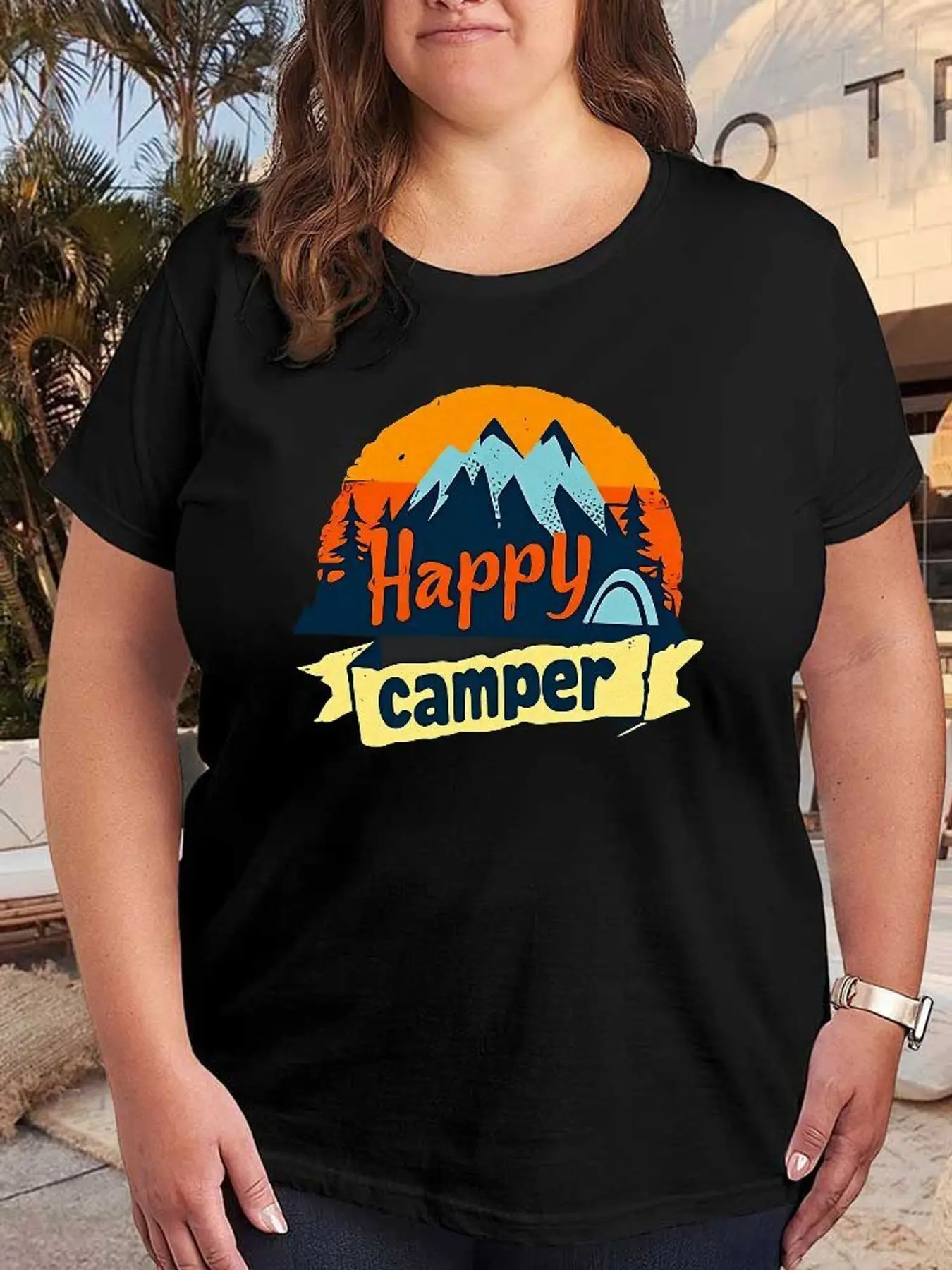 Happy Camper Graphic T Shirt Women Vintage Mountain Camping Print Fashion Short Sleeve Stretchy Plus Size Tee Casual Summer Tops