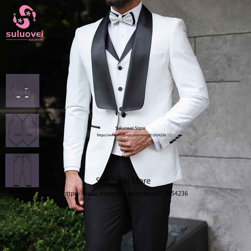 

New Design Big Shawl Lapel Suits For Men Slim Fit 3 Piece Pants Set Formal Groom Wedding Dinner Tuxedos Terno Masculino Completo