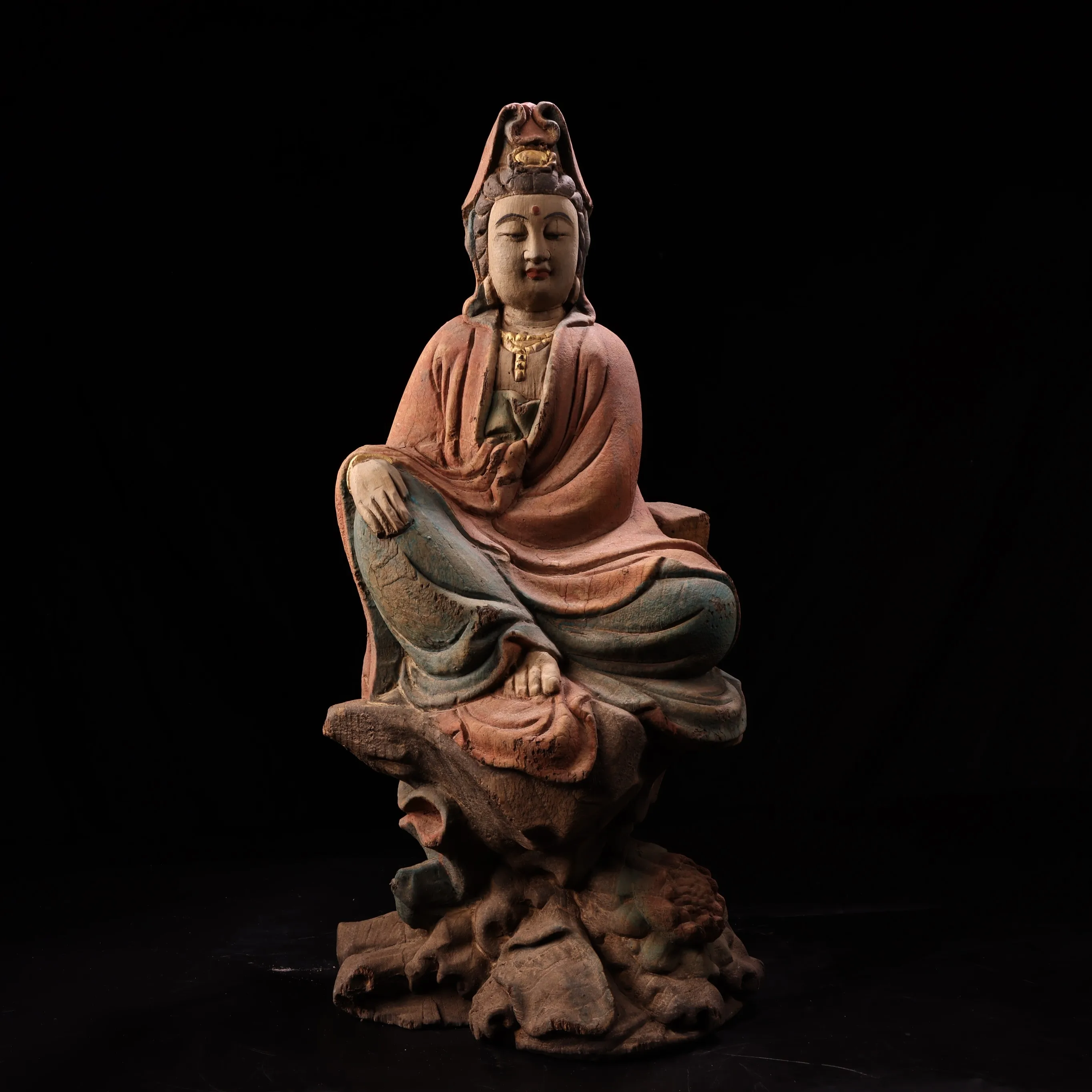 

24"Tibetan Temple Collection Old Wood Carving Painted Guanyin Bodhisattva Sitting Buddha Amitabha Lotus Buddha Terrace