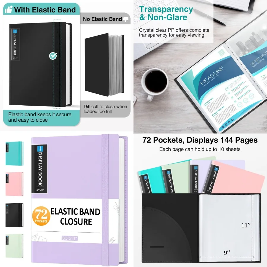 مجلد جيب Sooez 72 بأكمام بلاستيكية وشريط مطاطي بسعة كبيرة 8.5 × 11 عرض كتاب عرض 144 صفحة فنية