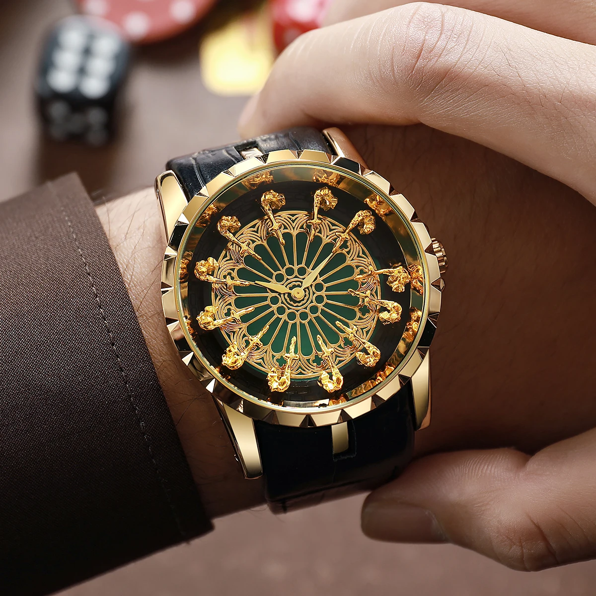 Men's Quartz Watch Twelve Knights Round Table Dial Luxury Leather Strap Unique Creative Personality Men Clock Party Leisure Men'