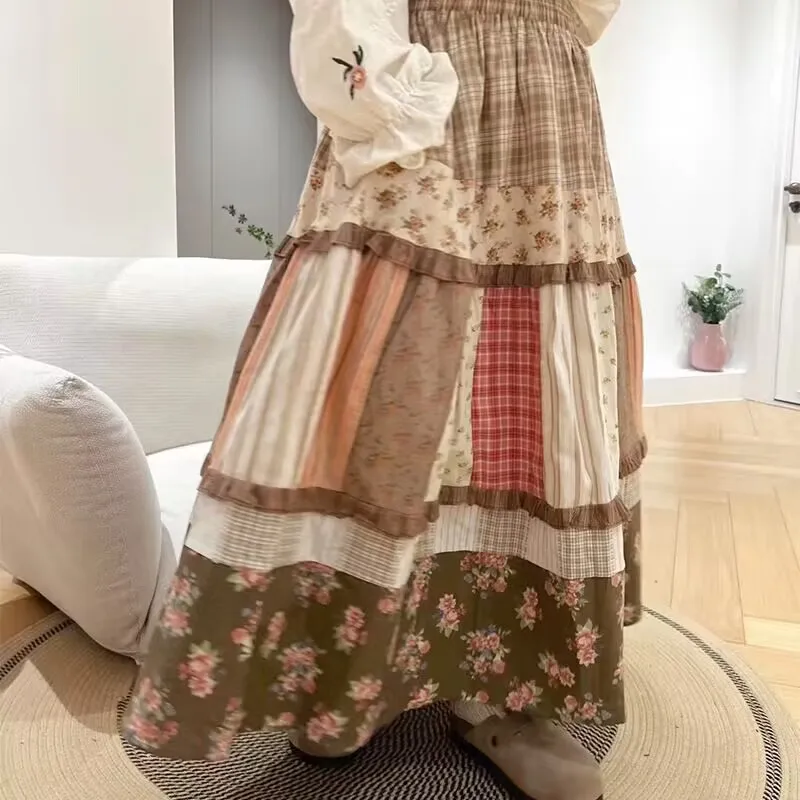 Women Vintage Sweet Skirts Elastic Waist Patchwork Floral Casual Japanese Mori Girl Cotton Linen A-Line Skirt