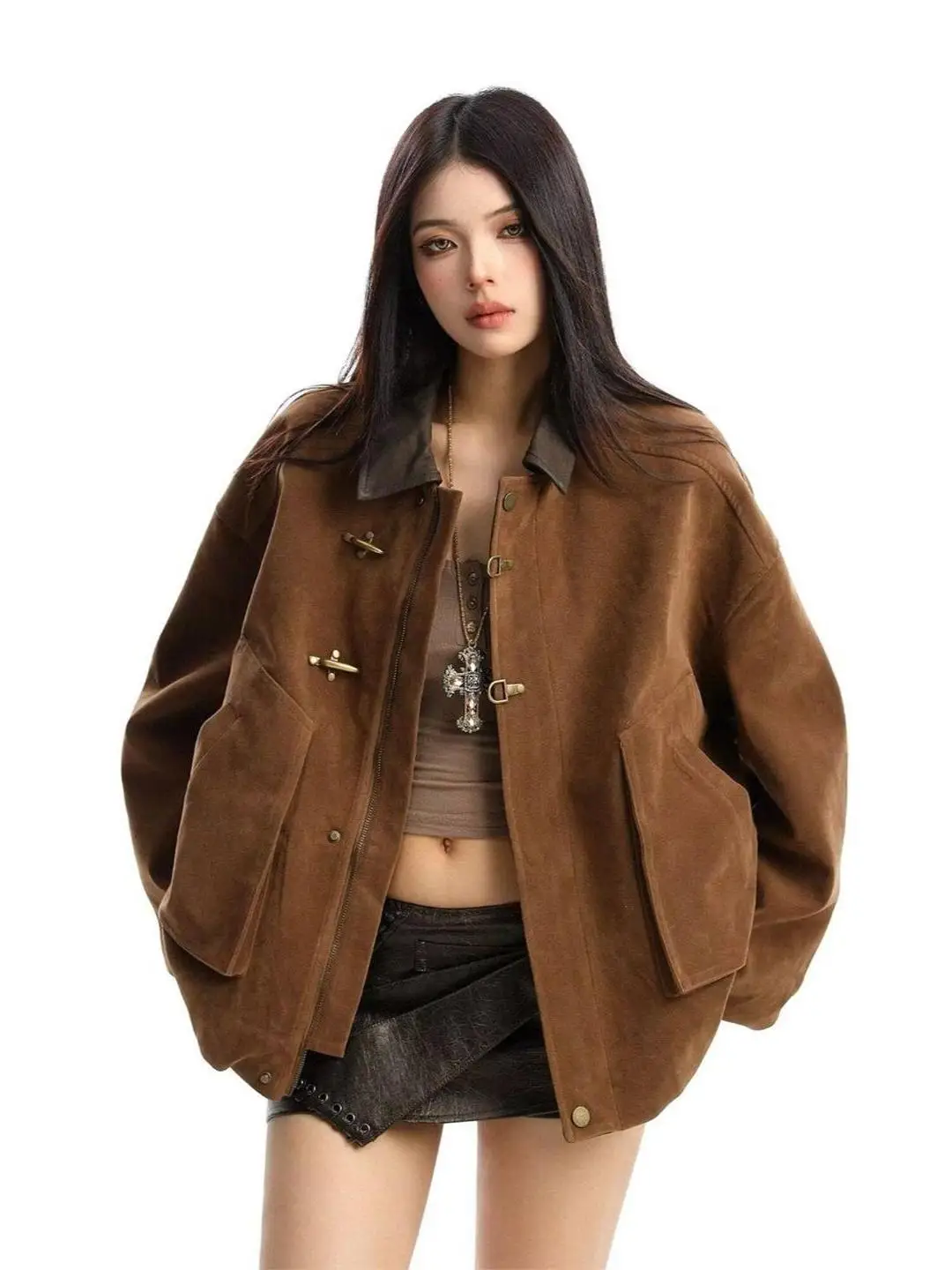 

Мужская рабочая куртка в американском ретро-стиле с пэчворком, коричневая, с воротником, повседневная, 2026, премиум-класс, стильный повседневный топ