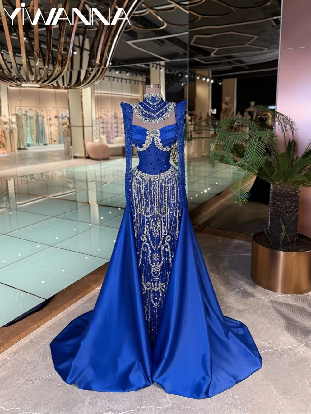 

Royal Blue Gorgeous Crystal Long Evening Dress With Tassel High Collar Long Sleeve Wedding Party Gown Customized Prom Dresses