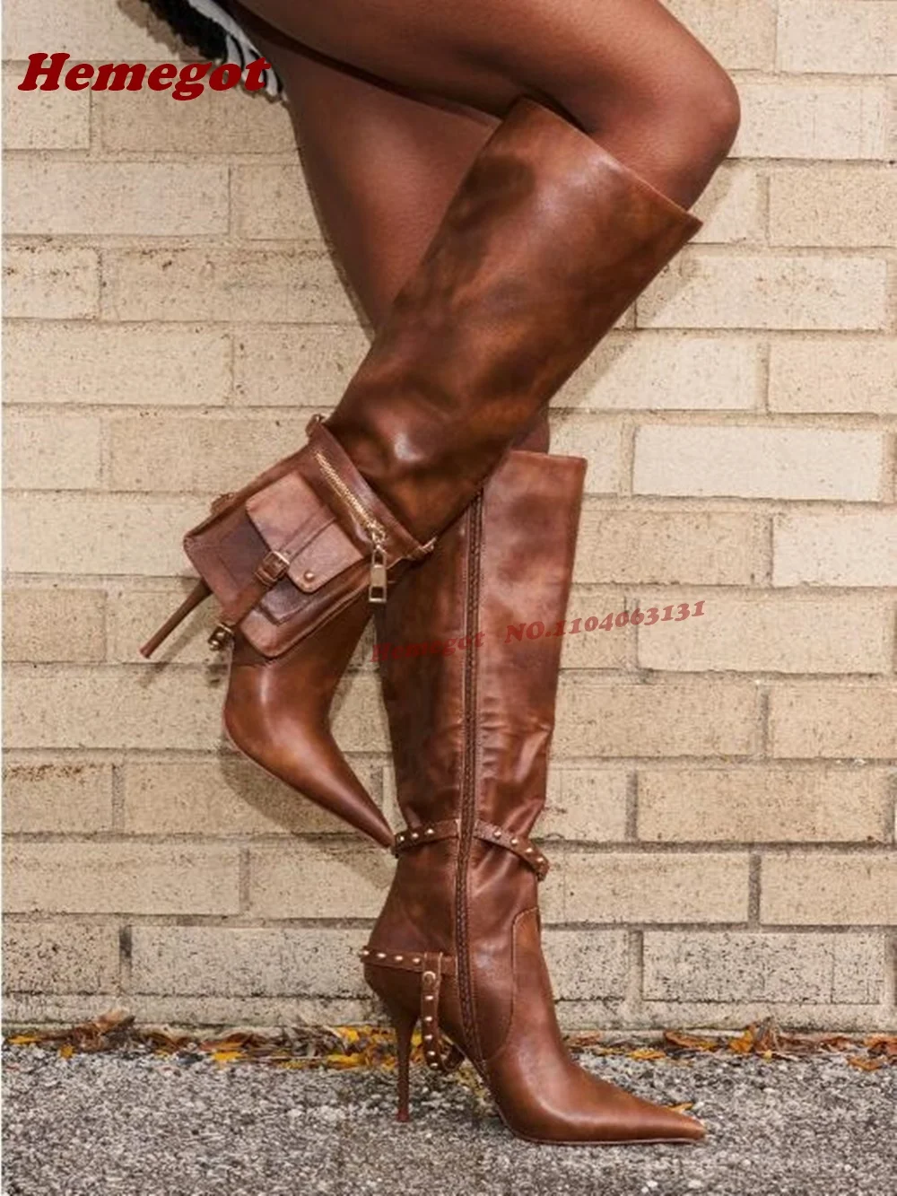 Brown Pocket Rivet Gladiator Knee High Boots Pointy Toe Side Zip Motorcycle Women's Boots Stiletto Heels Luxury Shoes Elegant